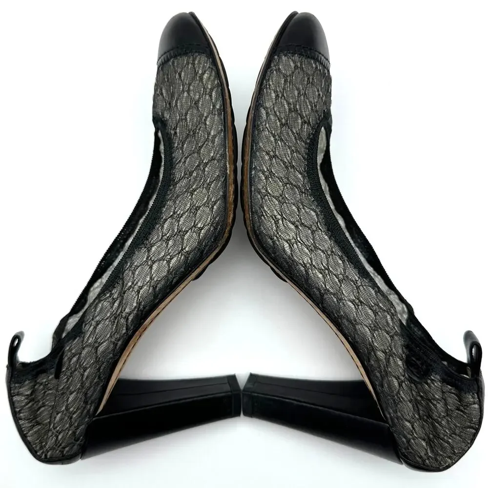 CHANEL Black Lace & Leather Elastic Heel Pumps Cap Toe IT 38.5